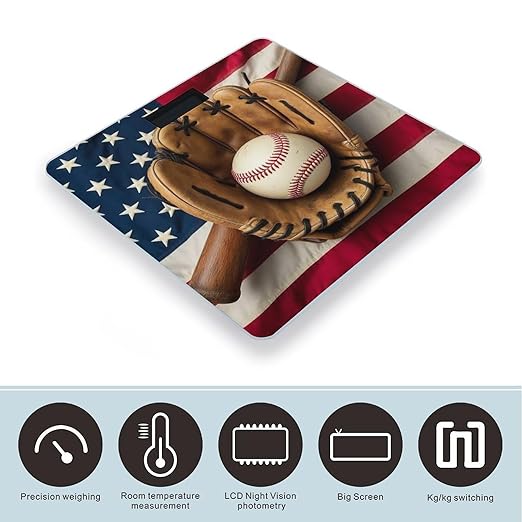 Men's Smart Scale for Body Weight Digital Bathroom Weighing Scale Automatic Switch Energy Saving Scale Vintage Ball Baseball American Flag
