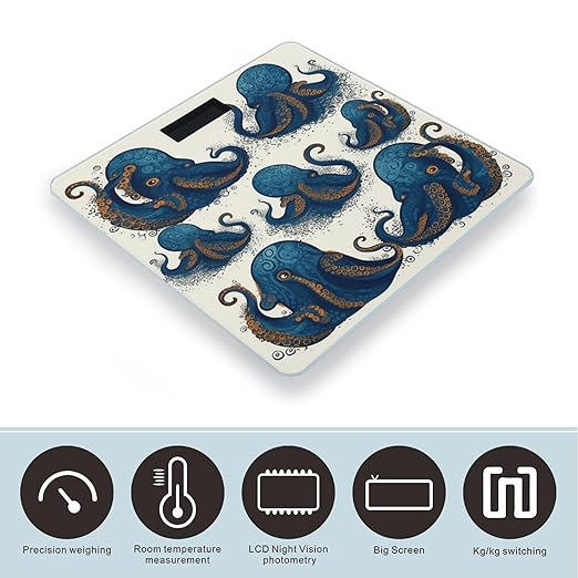 Tentacles Octopus Scale for Body Weight Anti-Slip Tempered Glass Digital Bathroom Scales Clear LCD Display Weighing Scale Safe Rounded Corners Smart Scales