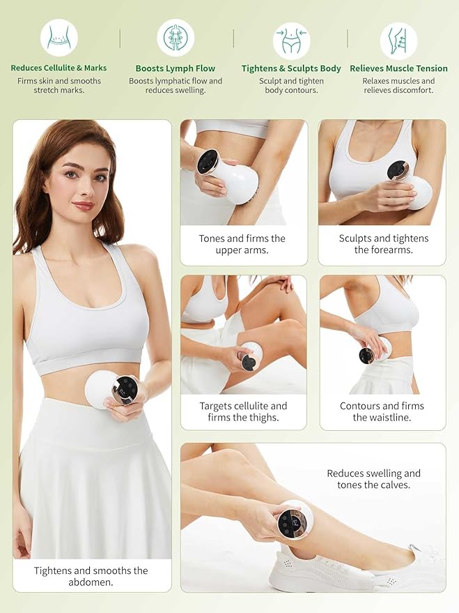 Lymphatic Drainage Massager &amp Anti Cellulite Massage Tool for Legs Arms &amp Belly BodyHelps Reduce Stretch Marks &amp Cellulitewith Microcurrent Light Heat &amp Vibration (White)