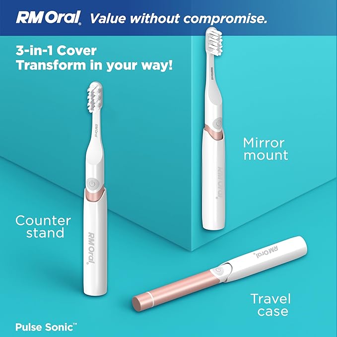 RM Oral Pulse Sonic Powered Toothbrush with 48000 Sonic Vibrations Metal Handle Soft Bristles Travel Case 2 Modes for Whitening &amp Plaque Removal 2-Minute Smart Timer Rose Gold