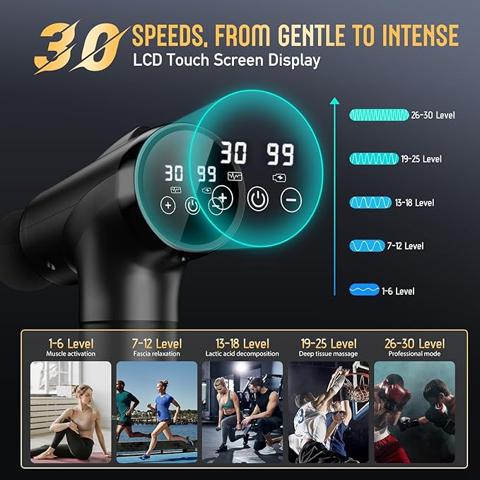 Massage Gun Deep Tissue Handheld Electric Muscle Massager High Intensity Percussion Massage Device for Pain Relief with 9 Attachments &amp 30 Speed(Black