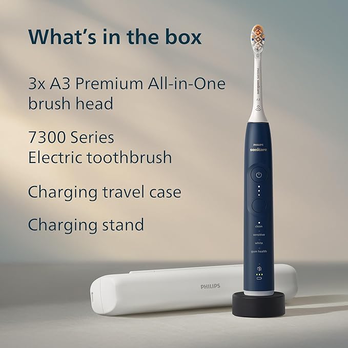 Philips Sonicare 7300 Series Electric Toothbrush - Next-Generation Sonicare Technology Pressure Sensor 12 Brushing Settings SmarTimer 21-Day Runtime Travel Case Navy Blue HX7423/05