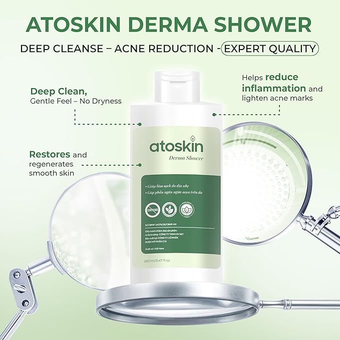 Atoskin Derma Shower + Derma Spray Set – Herbal Body Wash &amp Exfoliating Mist for Oily Acne-Prone Skin | With Glycolic Acid Zinc PCA &amp 7 Herbal Extracts (12.8 oz)