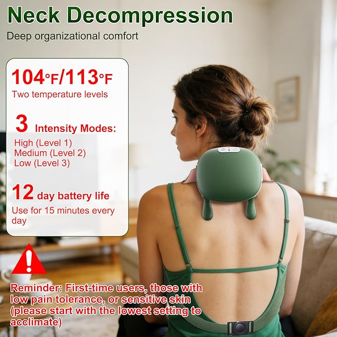 Neck Massager Neck and Back Massager with Heat &amp 4D Kneading Shiatsu Deep Tissue Wireless Massager for Shoulder Cervical Pain Relief Portable Rechargeable for Home Office (Green)