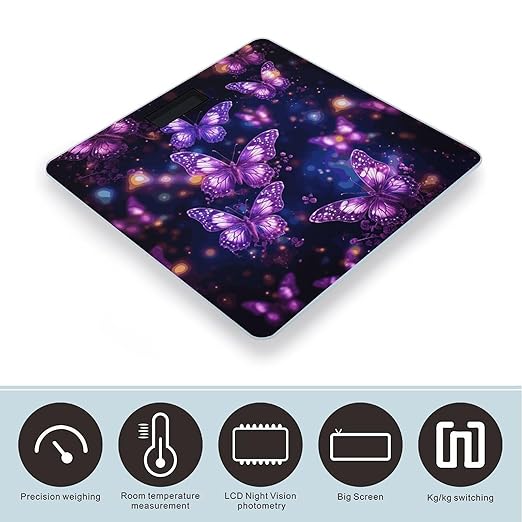 Purple Cute Butterfly Print Bathroom Scale for Body Weight Bathroom Weighing Scale with Backlit LCD Display Highly Accurate Measures Weight Up to 180kg