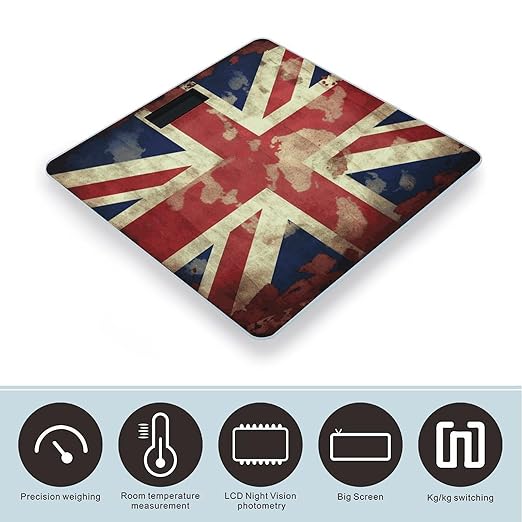 Vintage Union Jack British Flag Scale with LCD Easy-to-Read Anti-Slip Weight Digital Bathroom Scale Precision Weighing Scales Sturdy Tempered Glass Body Weight Scales for Daily Use