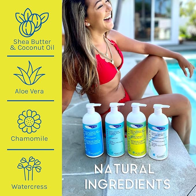 TRISWIM 32oz Swim Skin Care Set | Chlorine Removal Body Wash &amp After Swim Lotion with Pump | Removes Chlorine &amp Moisturizes Skin After Swimming | Professional Swimmer Care