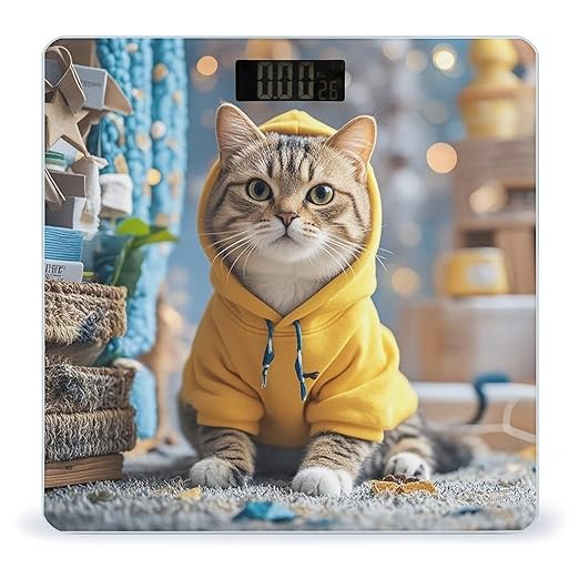 Cat in Yellow Hoodie Bathroom Scale for Body Weight Bathroom Weighing Scales with Back Lit LED Display Sturdy Tempered Glass Body Weight Bathroom Scale 400lb Weighing