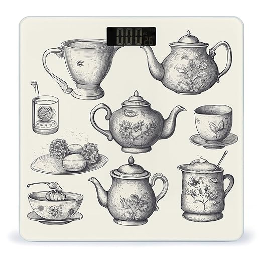 Hand Drawn Teapots and Cups Weight Scale Large Bathroom Scales Digital Weight with Bright LED Display Non Slip Automatic Weighing Scale Fashion Weighing Machine for Body