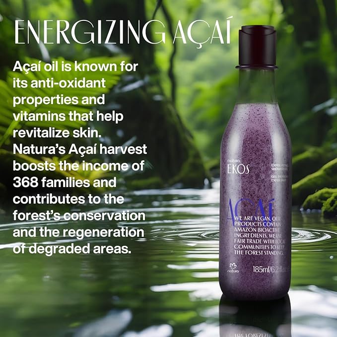 Natura - Ekos Açaí Revitalizing Exfoliating Shower Gel - Natural Exfoliants - Removes Impurities - Body Wash - Vegan Skin Care - Brazilian Beauty Secrets - Self Care &amp Body Care - 6.2 fl oz (185ml
