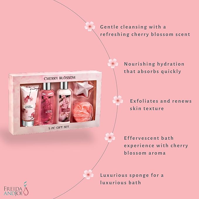 Fragrance Bath &amp Body Collection Gift Box Includes Shower Gel Body Lotion Body Scrub Bath Bomb &amp Sponge (Cherry Blossom) – Mother's Day Gift for Mom