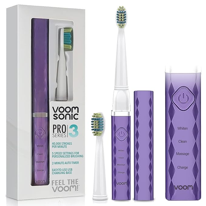 Voom Sonic Pro 3 Rechargeable Electric Toothbrush With Soft Dupont Nylon Bristles Dentist Recommended Portable Oral Care 2-Minute Timer 3 Adjustable Speeds Light Weight Design - Purple