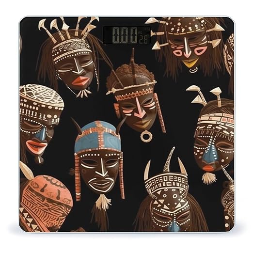 African Ritual Ethnic Tribal Scale for Body Weight Safe Rounded Corners Tempered Glass Digital Bathroom Scale LED Display 400lb Capacity Weight Scales with High Precision Sensors