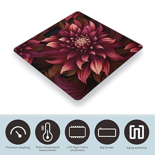 Wine Red Artistic Flower Weight Scale Large Bathroom Scales Digital Weight with Bright LED Display Non Slip Automatic Weighing Scale Fashion Weighing Machine for Body