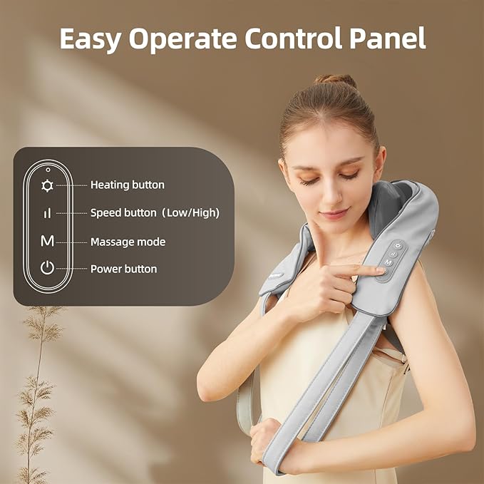 Neck and Shoulder Massager with Heat Cordless Shiatsu Shoulder Massager for Pain Relief Deep Tissue Rechargeable 6D Kneading Massage for Neck and Shoulde Pain Gifts for Mom&ampDad (Grey)