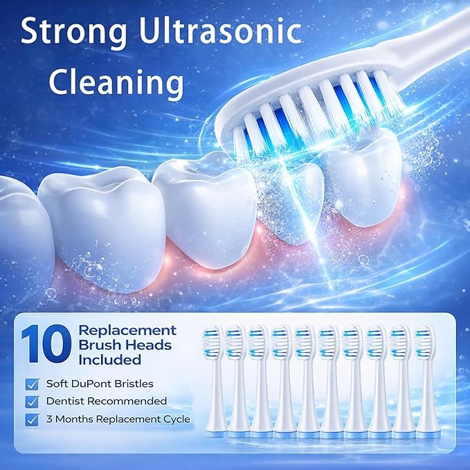 2 Pack Electric Toothbrush for Adults Travel Electric Toothbrush Includes 10 Replacement Brush Heads 5 Modes 2 Hours Charge for 45 Days (White &amp Pink)