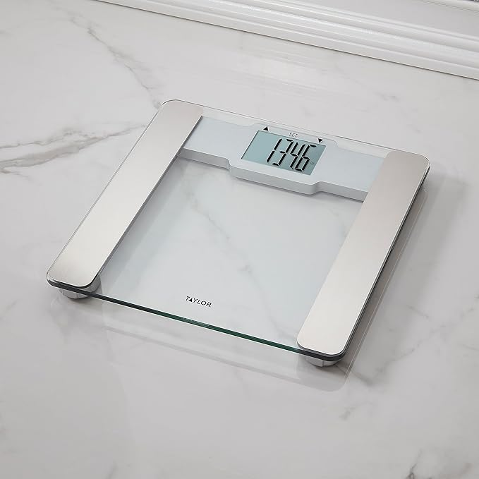 Taylor Digital Body Composition Bathroom Scale – 11.8 Tempered Glass Platform 400 lb Capacity Weight Monitor with Athlete Mode 6 User Recognition &amp Body Analysis Features (Clear)