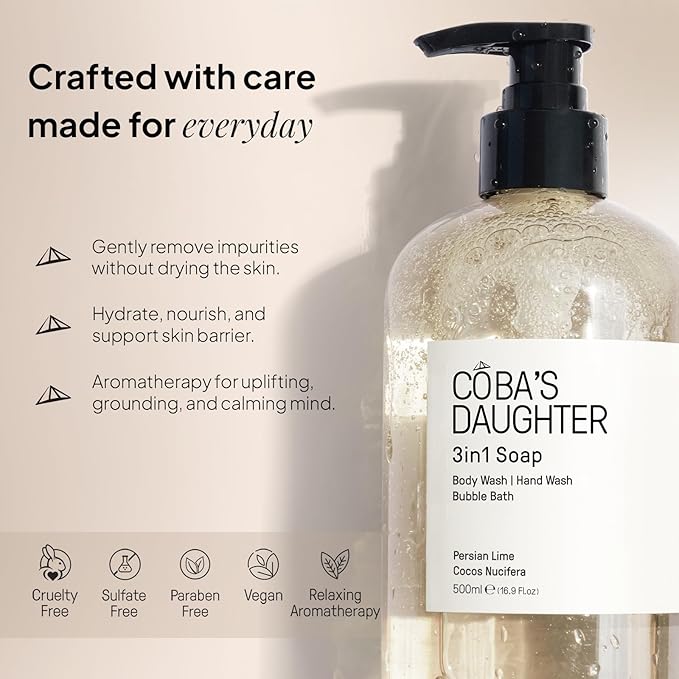 COBA'S DAUGHTER 3in1 Soap | Bubble Bath Body Wash &amp Hand Wash | Aromatherapy-Infused with Persian Lime &amp Cocos Nucifera | Inulin &amp Seaweed Extract for Smooth Hydrated Skin (16.9 Oz)