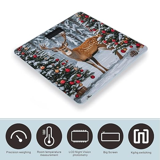 Cow Deer Trees Christmas Bathroom Scale for Body Weight LCD Display Digital Bathroom Scale Tempered Glass Bathroom Weight Scales Fashion Smart Scales for Home Bedroom 400 Lb