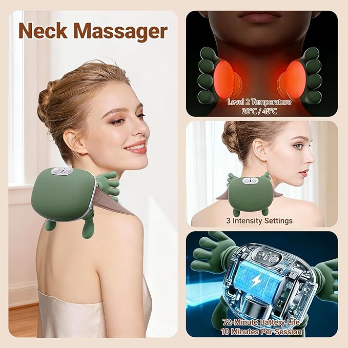 Neck Massager with Heat Simulating Authentic Palm-Style Neck and Shoulder Massage 4D Kneading Massage Relieves Fatigue and Relaxes Muscle Tension(Green)