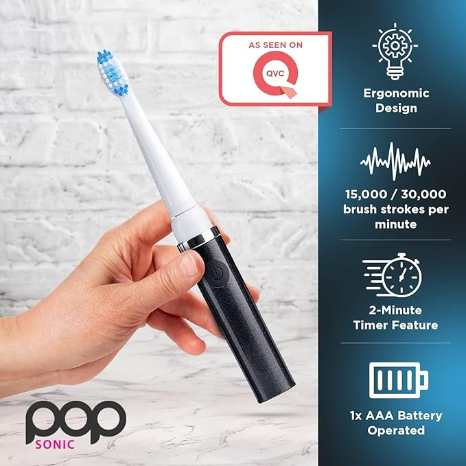 Pop Sonic Electric Toothbrush (Black + 4 Brush Heads) - Travel Toothbrushes w/AAA Battery | Kids Electric Toothbrushes with 2 Speed &amp 15000-30000 Strokes/Minute Dupont Nylon Bristles