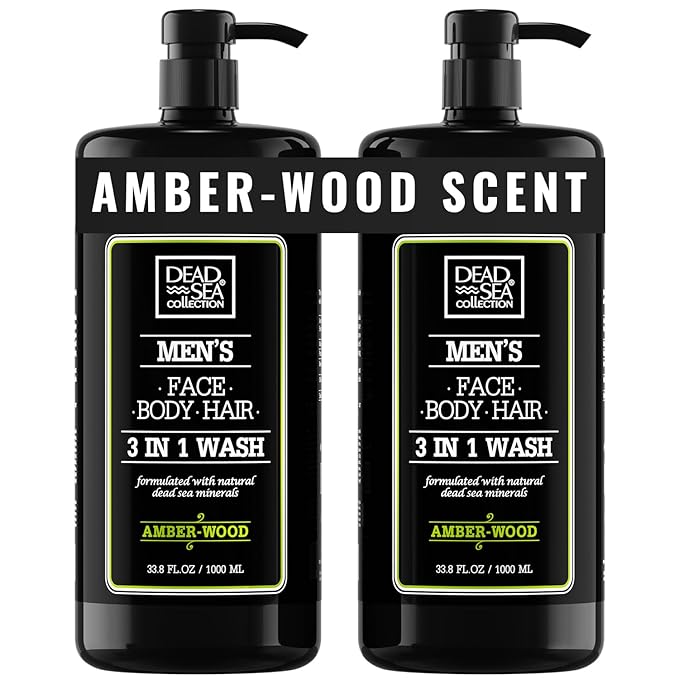Dead Sea Collection Amber Wood Men’s Body Wash – 3 in 1 Body Wash for Men for Hair Face &amp Body – Moisturizing Shower Gel with Dead Sea Minerals – Pack of 2 (33.8 fl oz each)