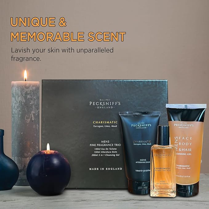 Pecksniff's Fragrance Gift Sets Luxurious Handcrafted in England (Men's Charismatic Trio: Eau de Toilette Aftershave Balm Cleansing Gel Set)