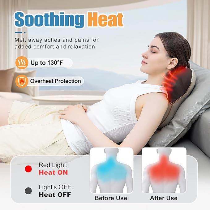Shiatsu Neck and Back Massager with Heat Back Massager for Pain Relief Deep Tissue Massager for Neck and Shoulder Pain Massage Pillow with Cover Adjustable Straps &amp Portable Handle (No Battery