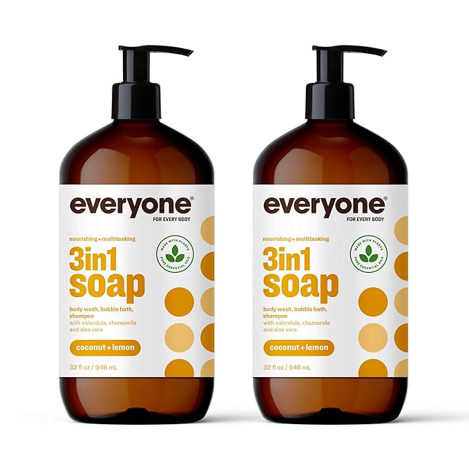 Everyone 3-in-1 Soap Body Wash Bubble Bath Shampoo (32 Ounce) and Hand and Body Lotion (32 Ounce) Bundle - Coconut and Lemon