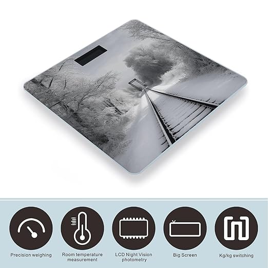 Snowy Train Tracks Scale for Body Weight High Precision Digital Weight Scales with LCD Display Anti-Slip Sturdy Slim Tempered Glass Bathroom Scale for Home Use