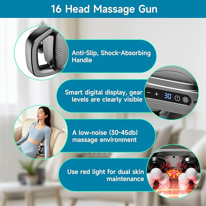 16-Head Massage Gun 3 Modes &amp 30 Levels Electric Massage Tool for Shoulder Waist Legs Back Massager for Pain Relief Deep Tissue Quiet &amp Powerful Full Body Massager Ideal Gift for Men &a