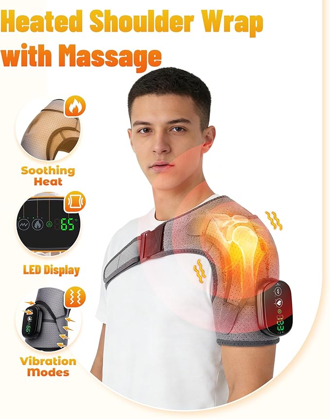 Shoulder Massager – Cordless Shoulder Heating Pad with Vibration for Deep Tissue Comfort Heated Shoulder Wrap with 3 Heating Levels &amp Vibration Adjustable Straps Left or Right (Black)