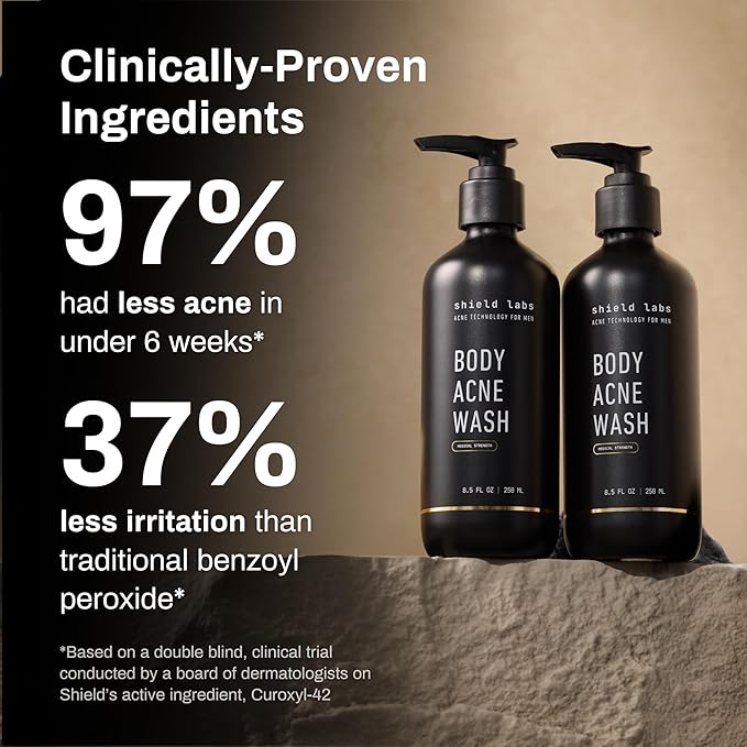 Shield Body Acne Wash for Back Chest &amp Shoulders - Men's 10% Benzoyl Peroxide Body Wash Clears Breakouts &amp Acne Scars – Unscented with Niacinamide Glycolic Acid &amp Ceramides 8.5 oz