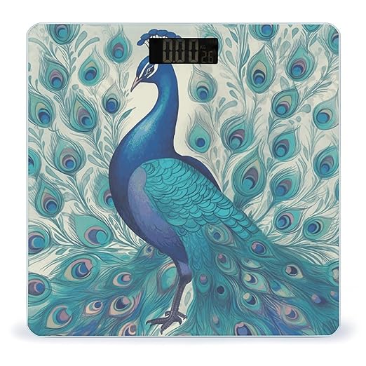 Cute Peacockm Scale for Body Weight Anti-Slip Tempered Glass Digital Bathroom Scales Clear LCD Display Weighing Scale Safe Rounded Corners Smart Scales