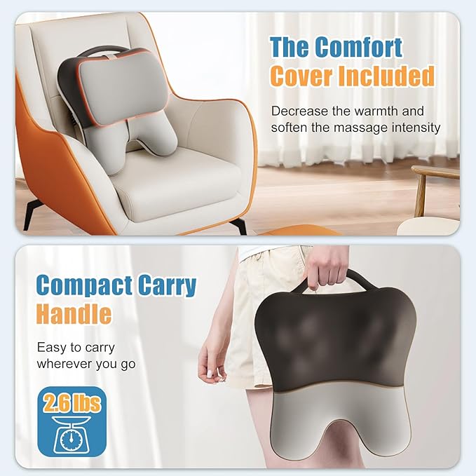 Shiatsu Neck and Back Massager with Heat Back Massager for Pain Relief Deep Tissue Massager for Neck and Shoulder Pain Massage Pillow with Cover Adjustable Straps &amp Portable Handle (No Battery