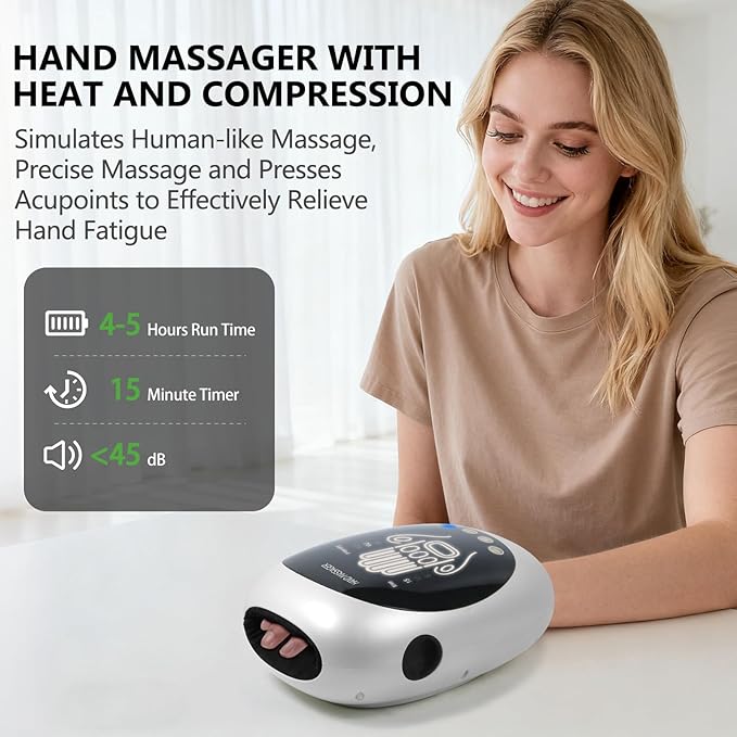 Hand Massager with Heat and Compression for Arthritis Pain Relief with 5-Finger Individual Therapy Fits All Hand SizesRechargeable &amp Portable (White)