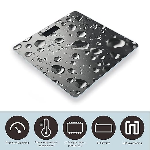 Water Droplets on Glass Scale for Body Weight Anti-Slip Tempered Glass Digital Bathroom Scales Clear LCD Display Weighing Scale Safe Rounded Corners Smart Scales