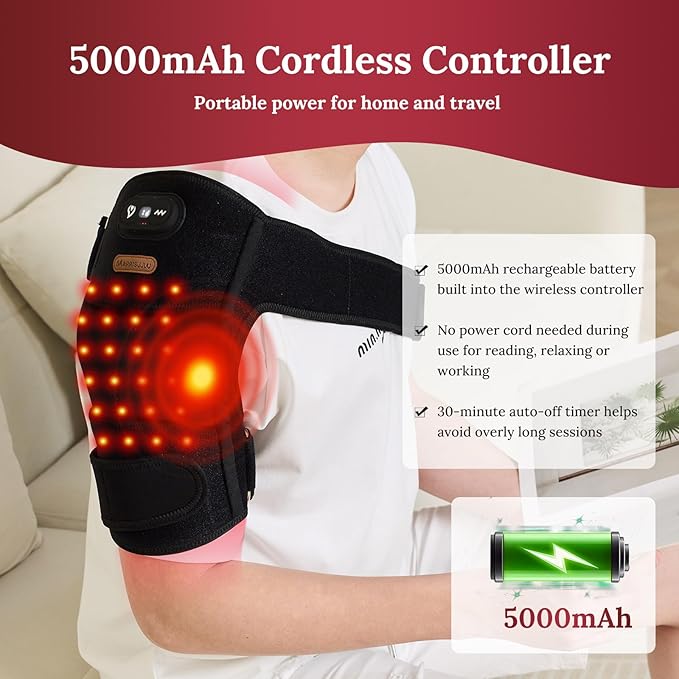 Red Light Therapy Wrap with Heat &amp Vibration 660nm 850nm 940nm Near Infrared Wireless 5000mAh Controller 30‑Min Auto‑Off for Knee Elbow Shoulder (BLACK-1-PACK)