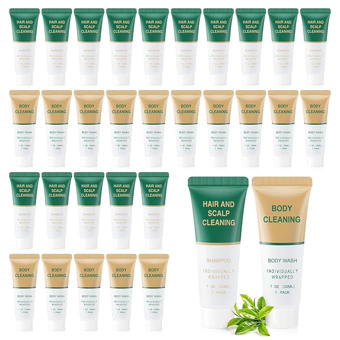 Shampoo and Body Wash BulkTravel Size Individually Wrapped Hotel Mini Shower Gel and Shampoo Small Cleansing Toiletries Amenities Men Women for Hotel/Vacation/Homeless 1 Fl Oz (Pack of 60)