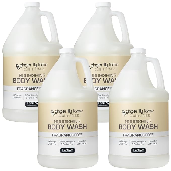 Ginger Lily Farms Club &amp Fitness Nourishing Body Wash 100% Vegan &amp Cruelty-Free Bath &amp Shower Gel for Men and Women Fragrance Free 1 Gallon (Pack of 4)