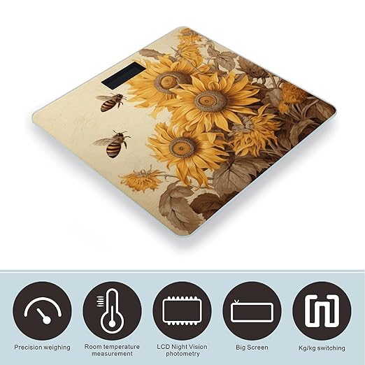 Bees and Sunflowers on Old Paper Bathroom Scale for Body Weight LCD Display Digital Bathroom Scale Tempered Glass Bathroom Weight Scales Fashion Smart Scales for Home Bedroom 400 Lb