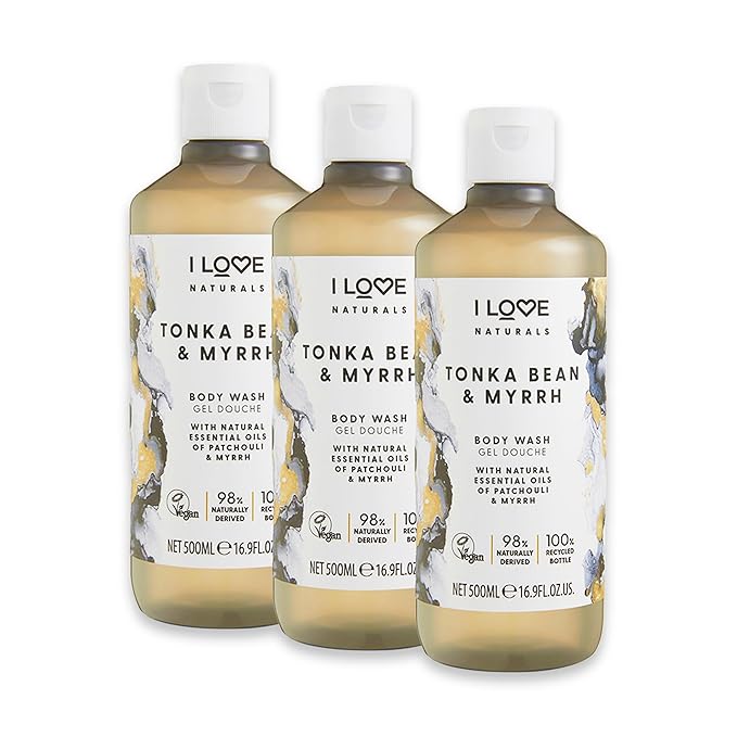 I Love Cosmetics Tonka Bean and Myrrh Body Wash - Infused with Essential Oils - Plant-Based Body Soap Cleanser - Nourishes Skin - 3 pc