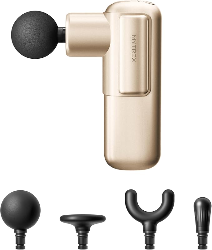 Mini Massage Gun Portable Deep Tissue Percussion Massager with 4 Heads Ultra-Quiet Lightweight 205g for Neck &amp Back Home Office &amp Travel (Gold)