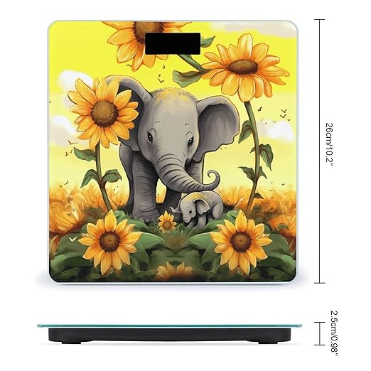 Mother and Baby Elephant Sunflowers Bathroom Scale Large LCD Backlight Display Digital Scale Rounded Corners Body Scales Automatic Power On/Off Bathroom Scales for Home Bedrooms