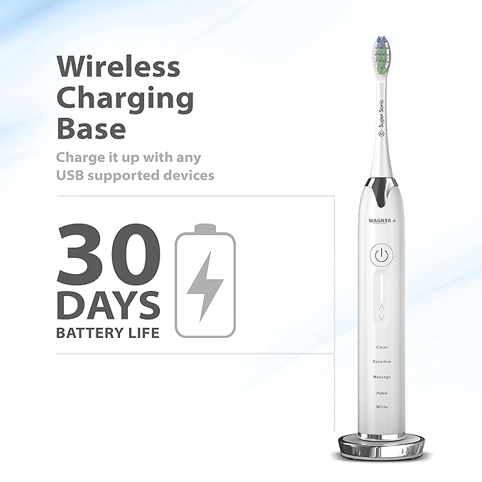 Wagner Stern Ultrasonic whitening Toothbrush with Pressure Sensor. 5 Brushing Modes and 4 Levels of Intensity 8 Soft bristles Travel case.