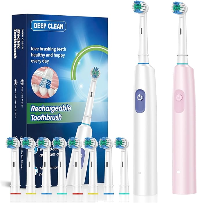 2pcs Rechargeable Rotating Toothbrush - Adult Timer 6 Mode USB Charger with Replacement Heads Set(2002 White Pink)