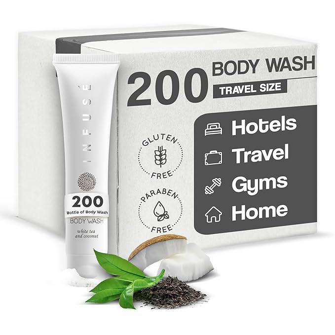 Travel Size Hotel Body Wash 200 Count 1 oz Bottles Guest Amenities for Hotels Vacation Rentals and Short Term Rentals Paraben Free White Tea and Coconut Scent Infused with Aloe and Olive Oil by INFUSE