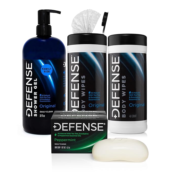 Defense Soap Peppermint 4 Oz Bar (Pack of 2) Body Wipes 40 Count (Pack of 2) &amp Body Wash 32 oz - Natural Shower Gel