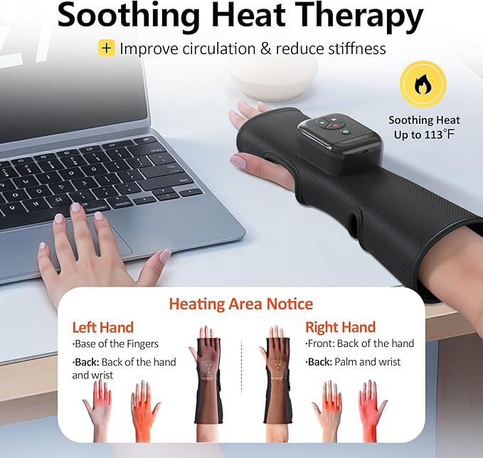 Comfytemp Air Compression Therapy Device K1063 Portable Hand and Wrist Massager for Circulation and Pain Relief Cordless Forearm Massage Sleeve with Heat Ideal for Men Women Seniors