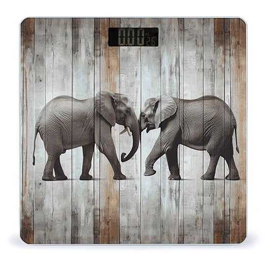 Elephant on Wood Scale for Body Weight Precision Bathroom Weighing Scales with Back Lit LCD Display Sturdy Tempered Glass Body Weight Scales Digital Bathroom Scale 400lb